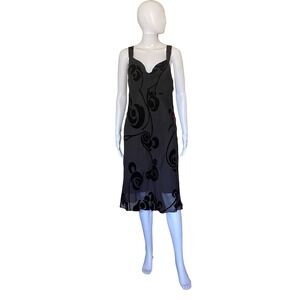 Nine West Vintage Black Burnout Velvet Slip Midi Dress Y2K Size 12 Rayon Silk